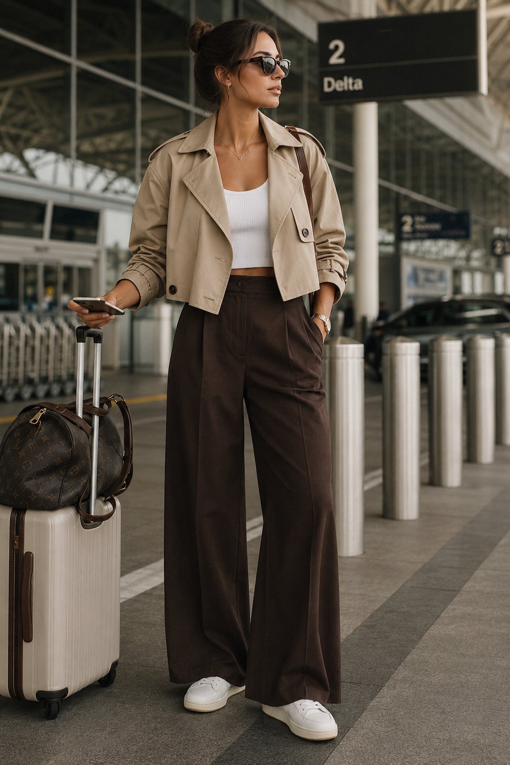 Cropped sand trench over a white knit tank with espresso wide-leg trousers at airport curbside