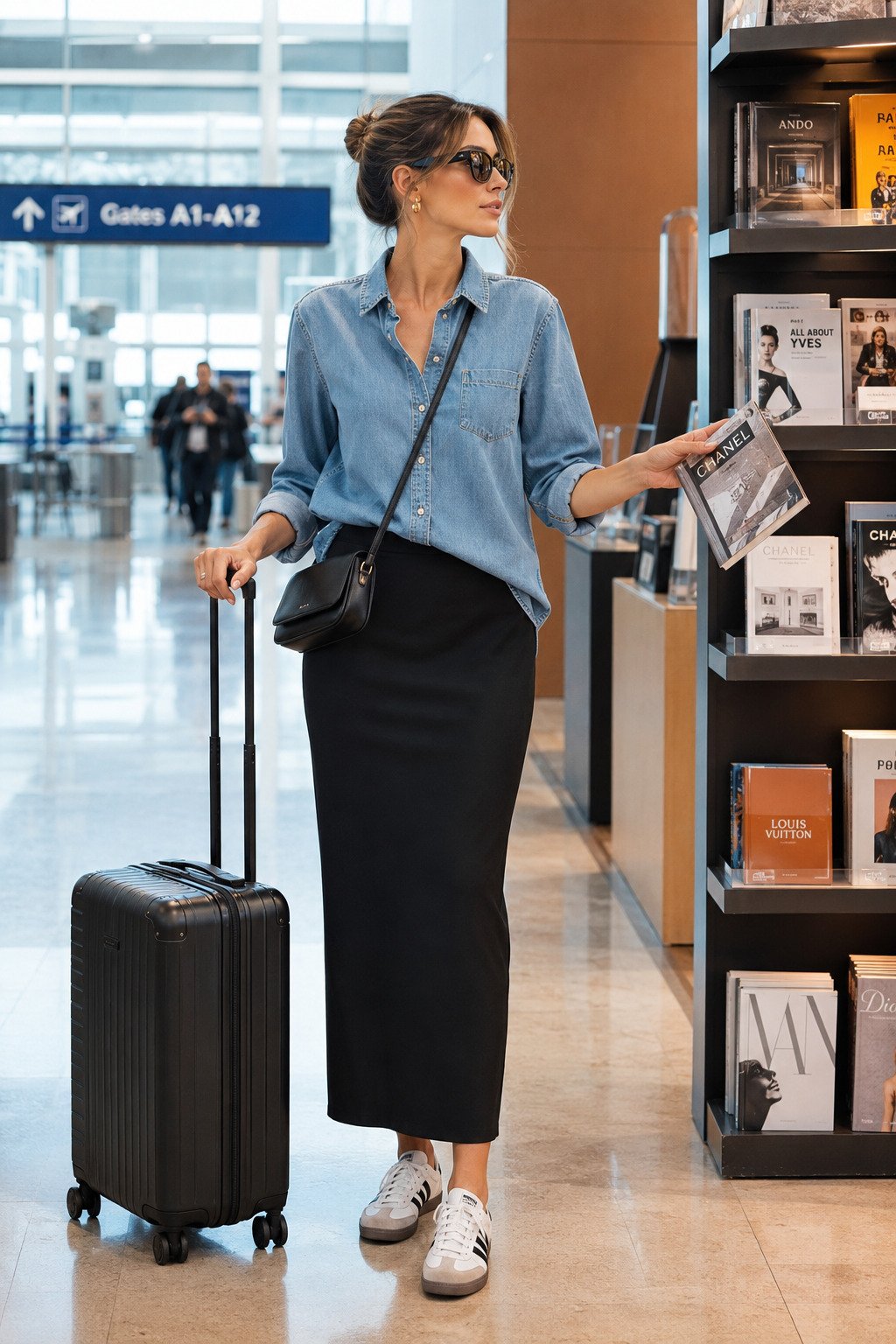 Soft denim shirt over a black column skirt at an airport bookstore