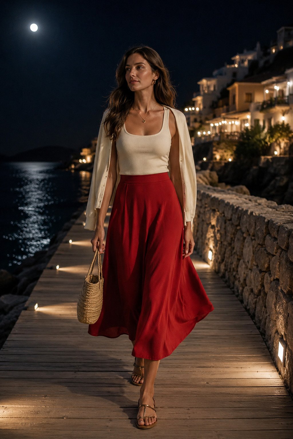 Cream fitted tank with a tomato-red flowing midi skirt on a moonlit seaside boardwalk