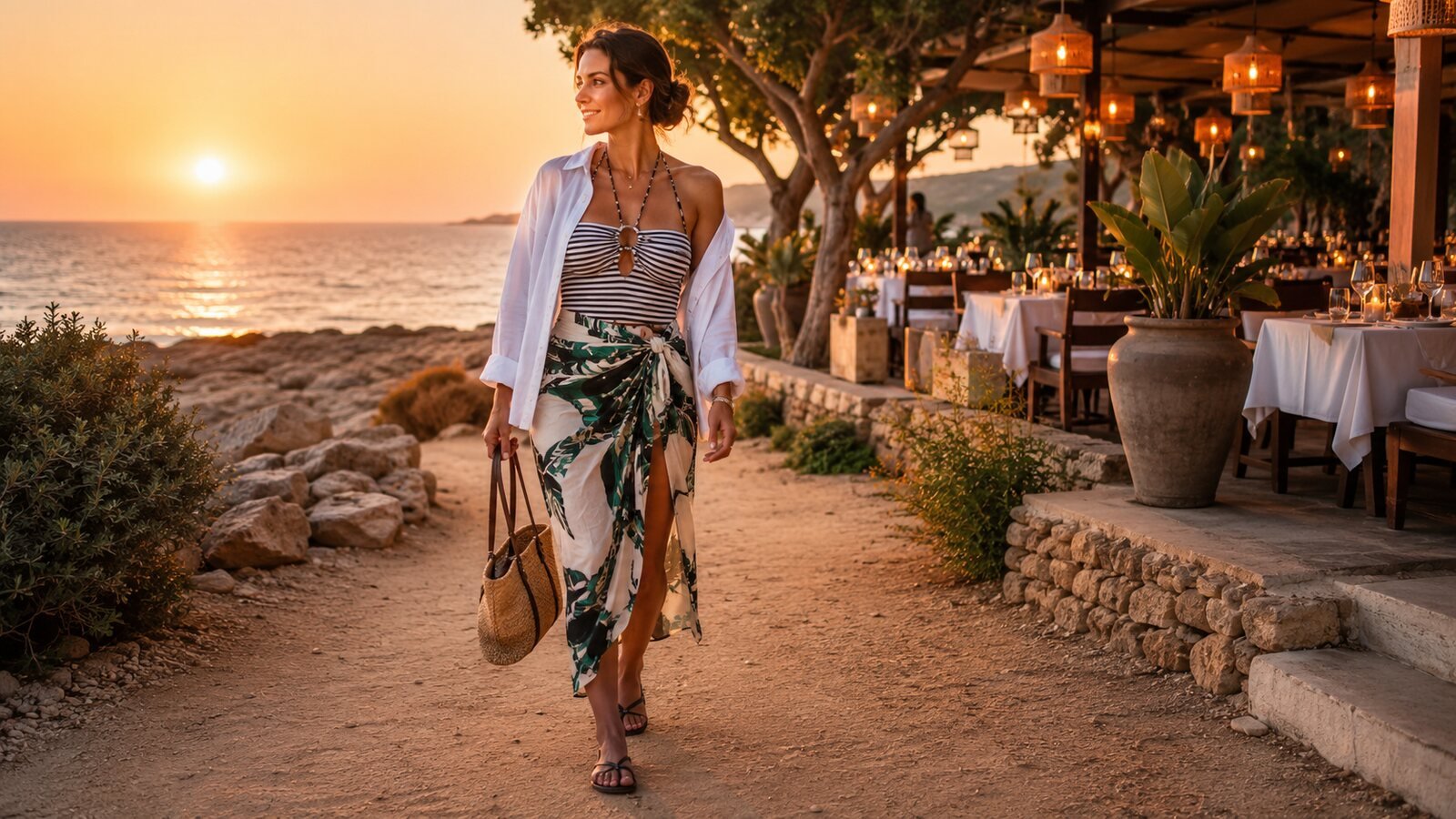 Woman walking from the beach toward a seaside dinner terrace in an elegant vacation outfit