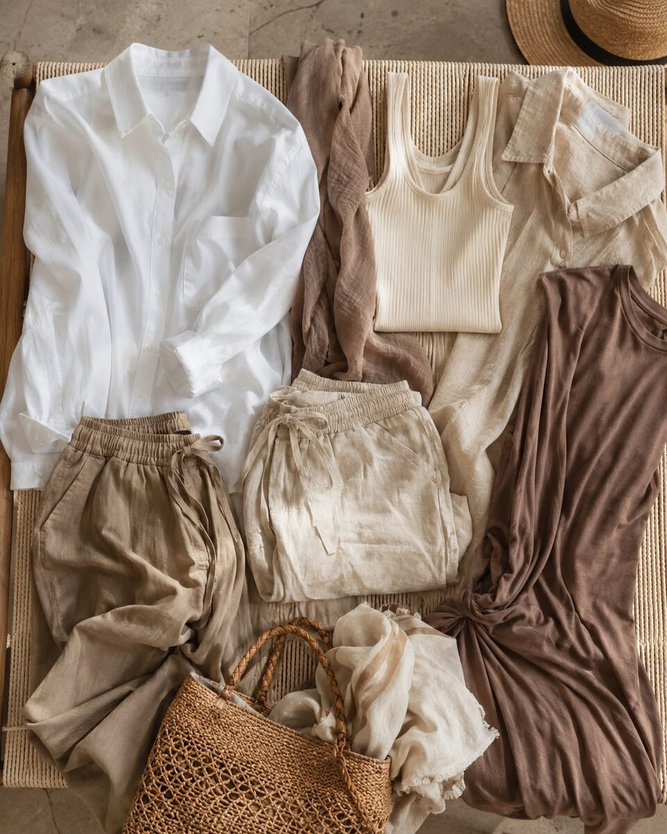 Cotton poplin, linen blends, gauze, rib tanks, and lightweight summer layers styled for hot coastal weather