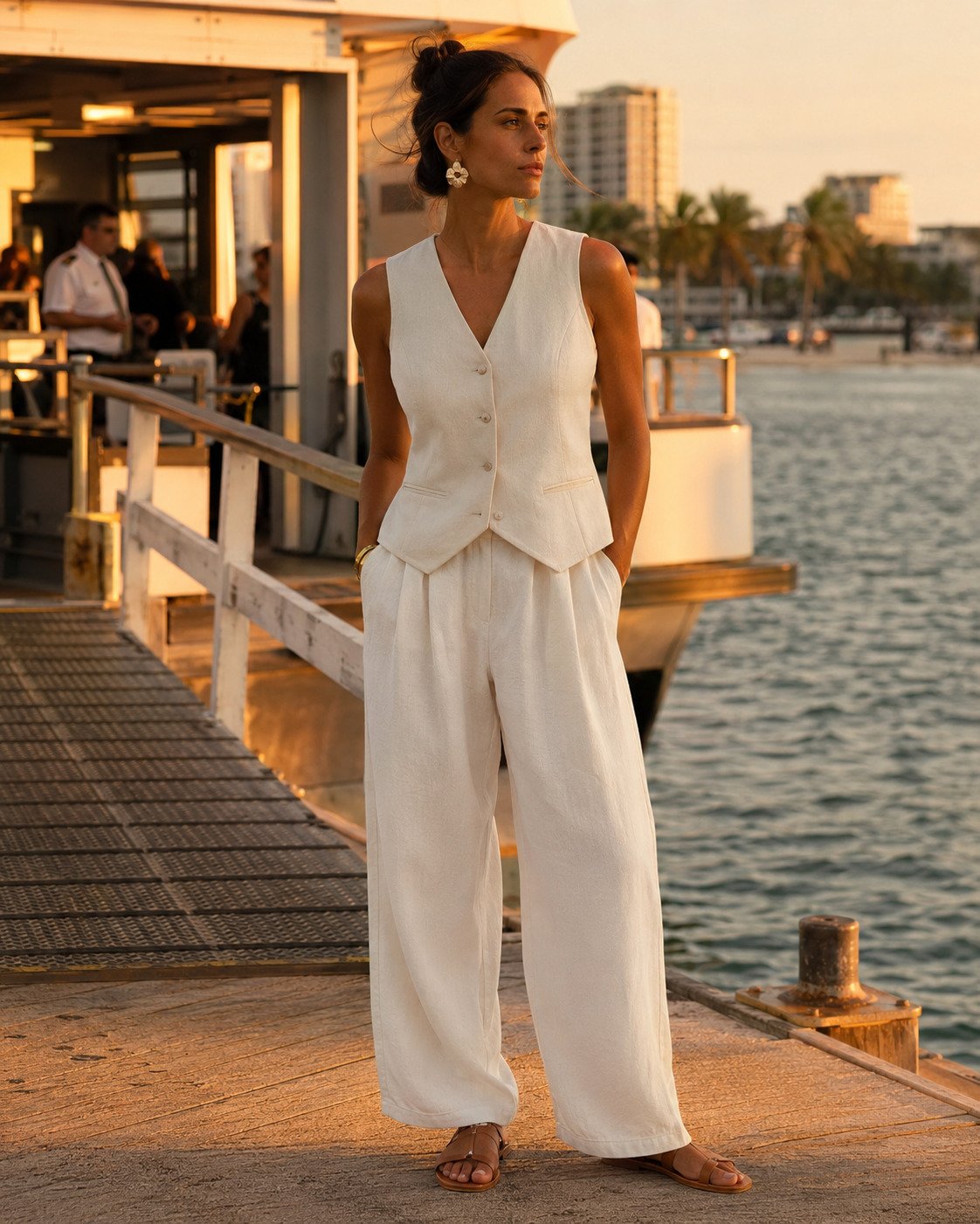 Woman in an ivory sleeveless waistcoat top and airy white trousers at a golden-hour ferry dock