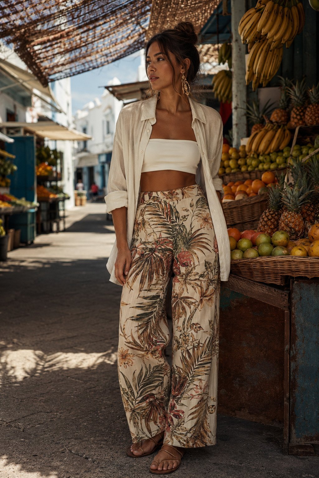 Woman in printed wide-leg trousers with a bandeau and light overshirt in a shaded fruit market lane