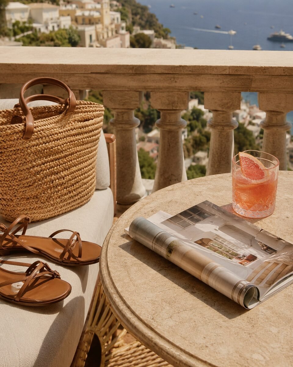 Warm hotel balcony travel styling that suggests what to read next after vacation outfit planning