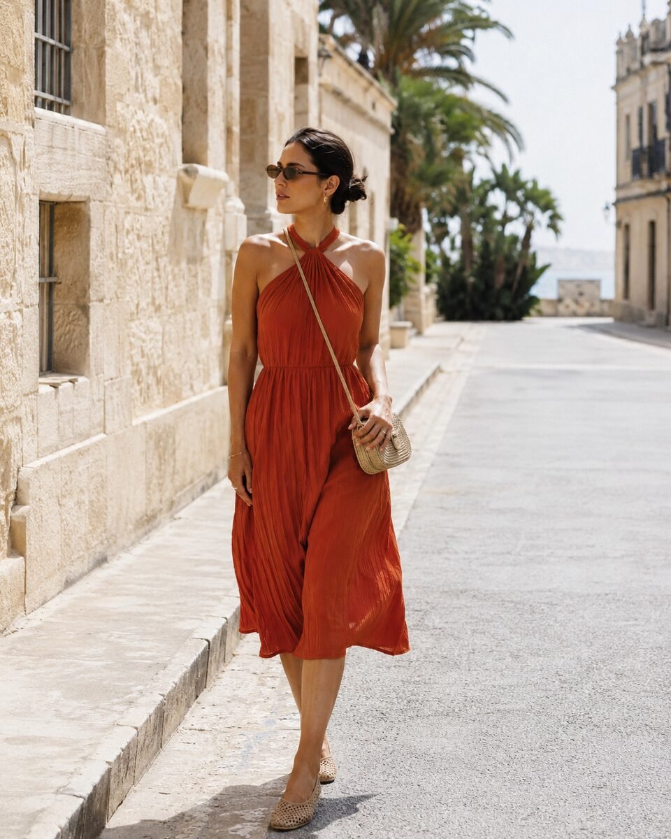 Paprika halter midi dress and mesh flats styled for walking through an old-town beach city lane