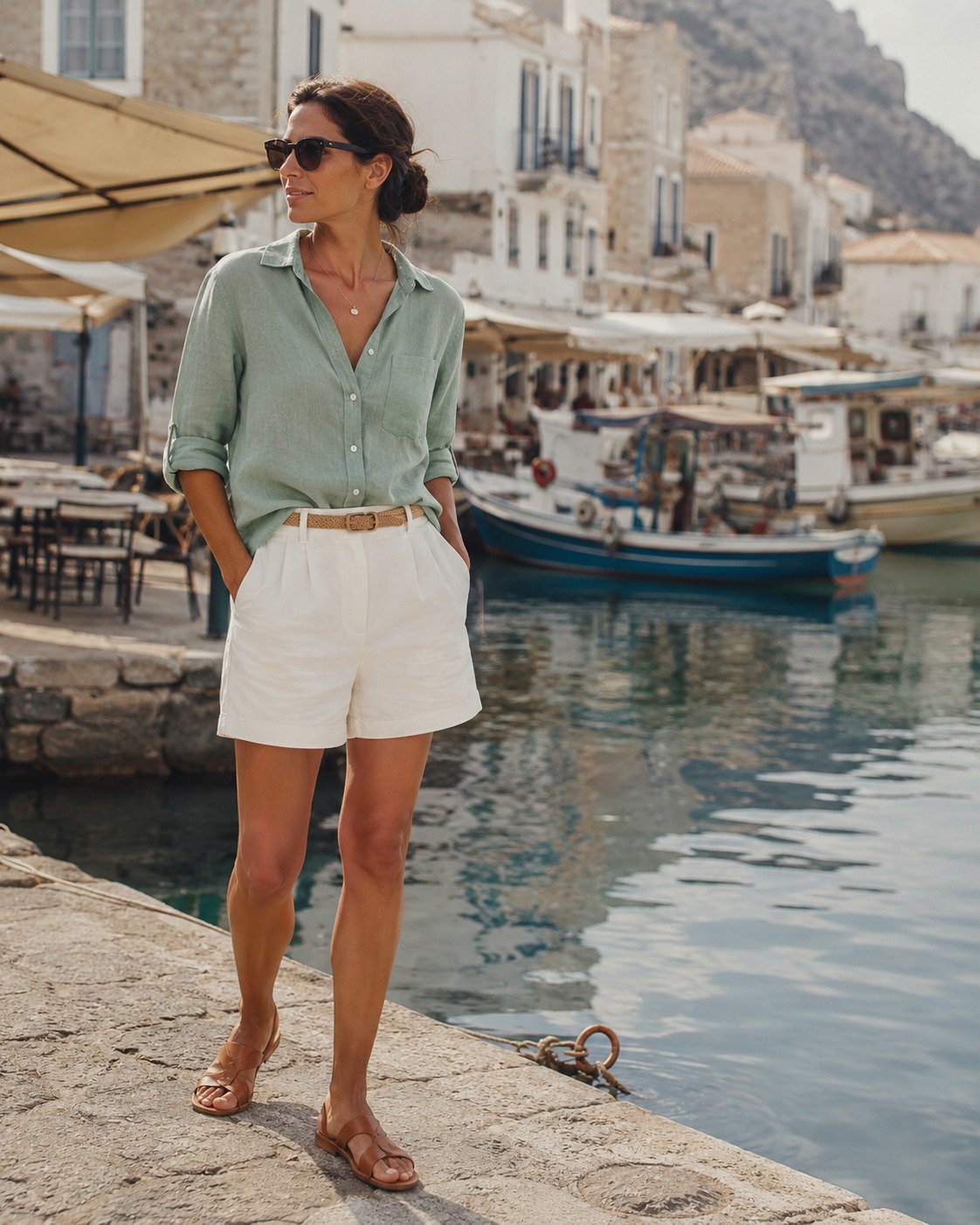 Woman in a sage linen shirt and shell-white tailored shorts beside a Mediterranean fishing harbor
