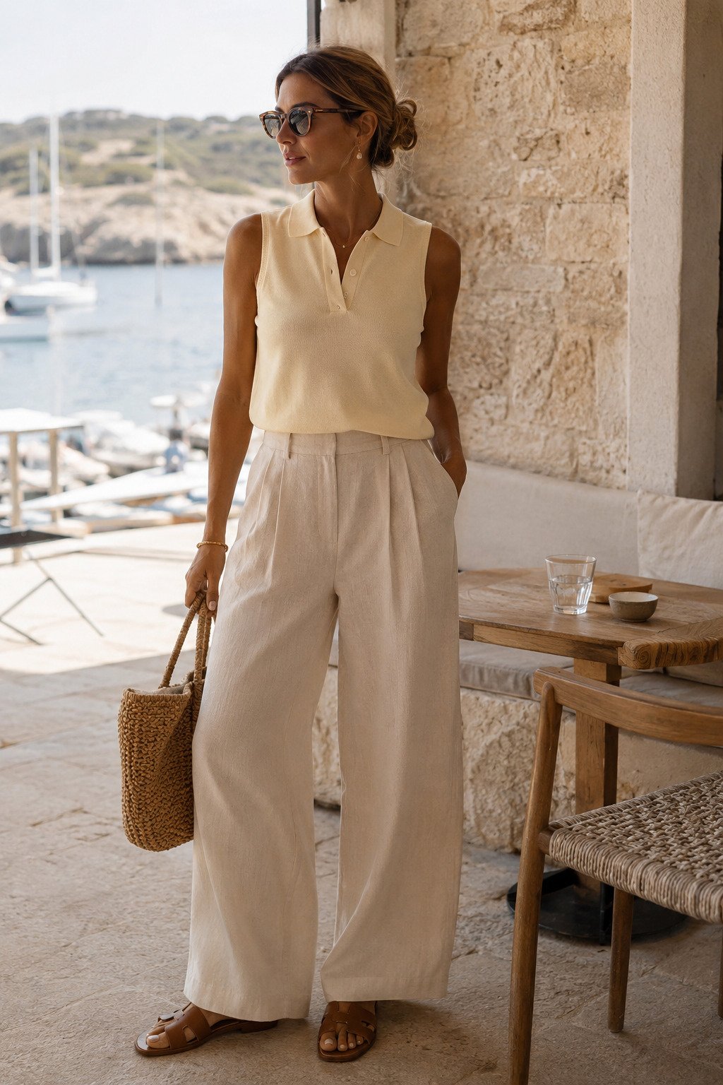 Woman in a butter yellow knit polo with stone beige trousers at a marina cafe