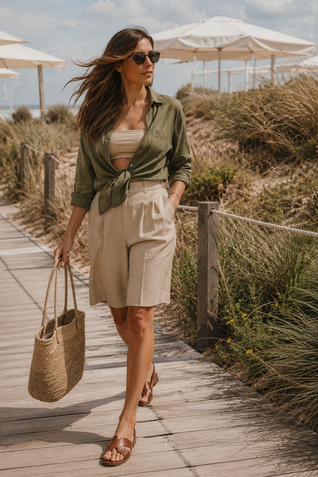 Woman in an olive shirt with a sand bandeau and tailored shorts on a dune-side boardwalk