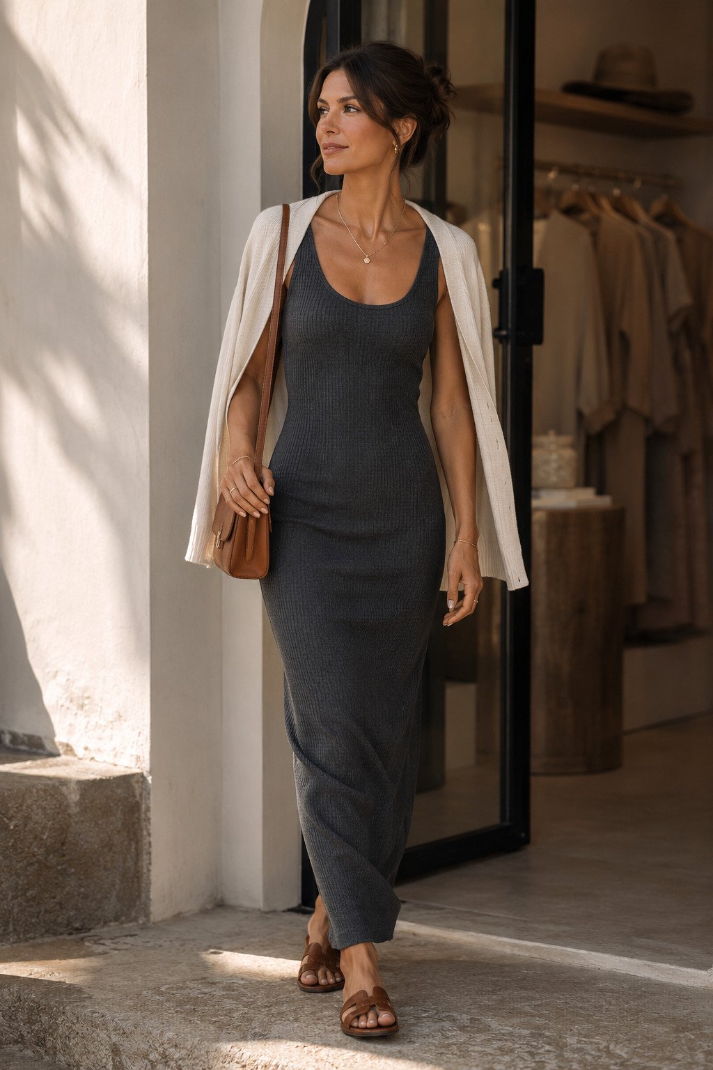 Woman in a soft charcoal ribbed tank dress with a vanilla cardigan near a seaside boutique entrance