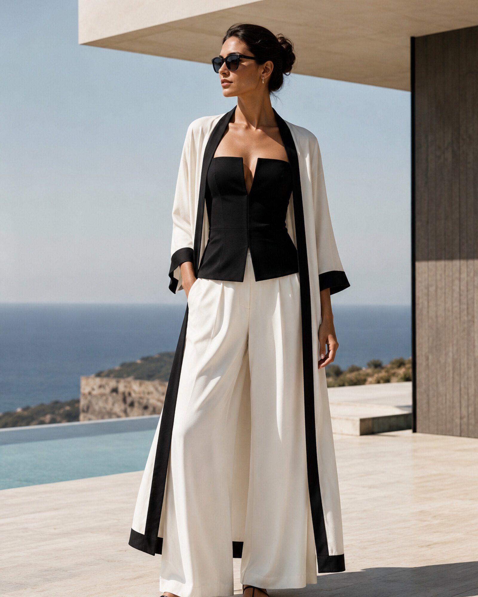 Woman in black and shell-ivory resortwear standing on a sleek sea-view resort terrace.