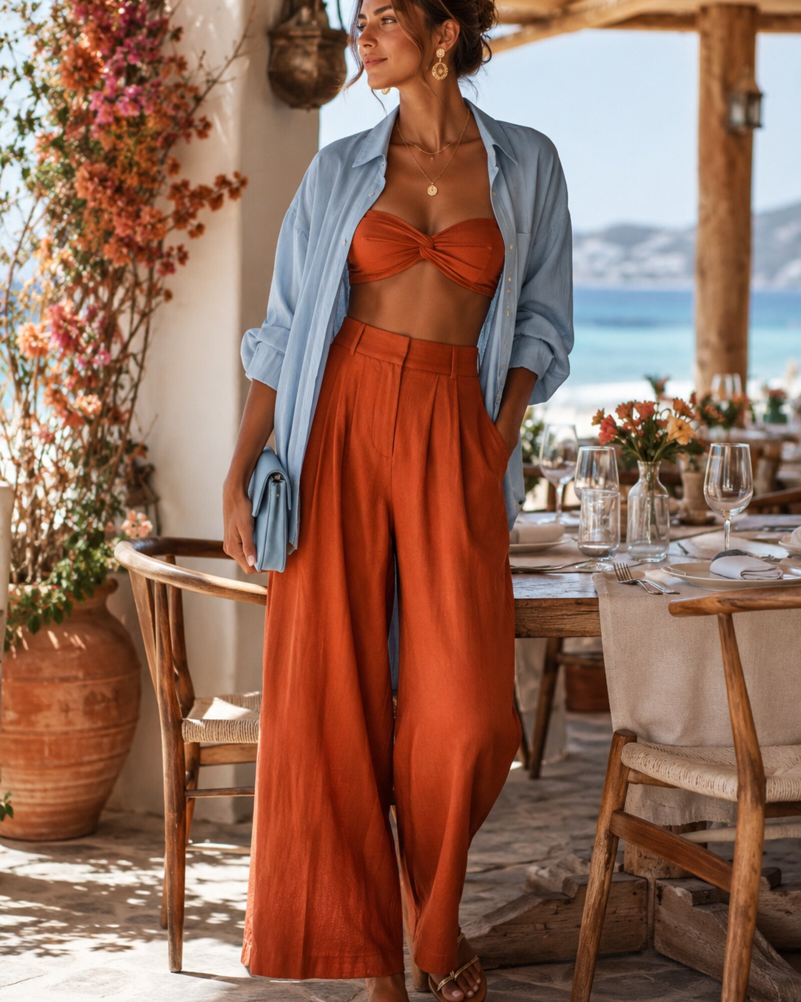 Woman in terracotta and pale-blue resortwear at a chic beach lunch terrace.