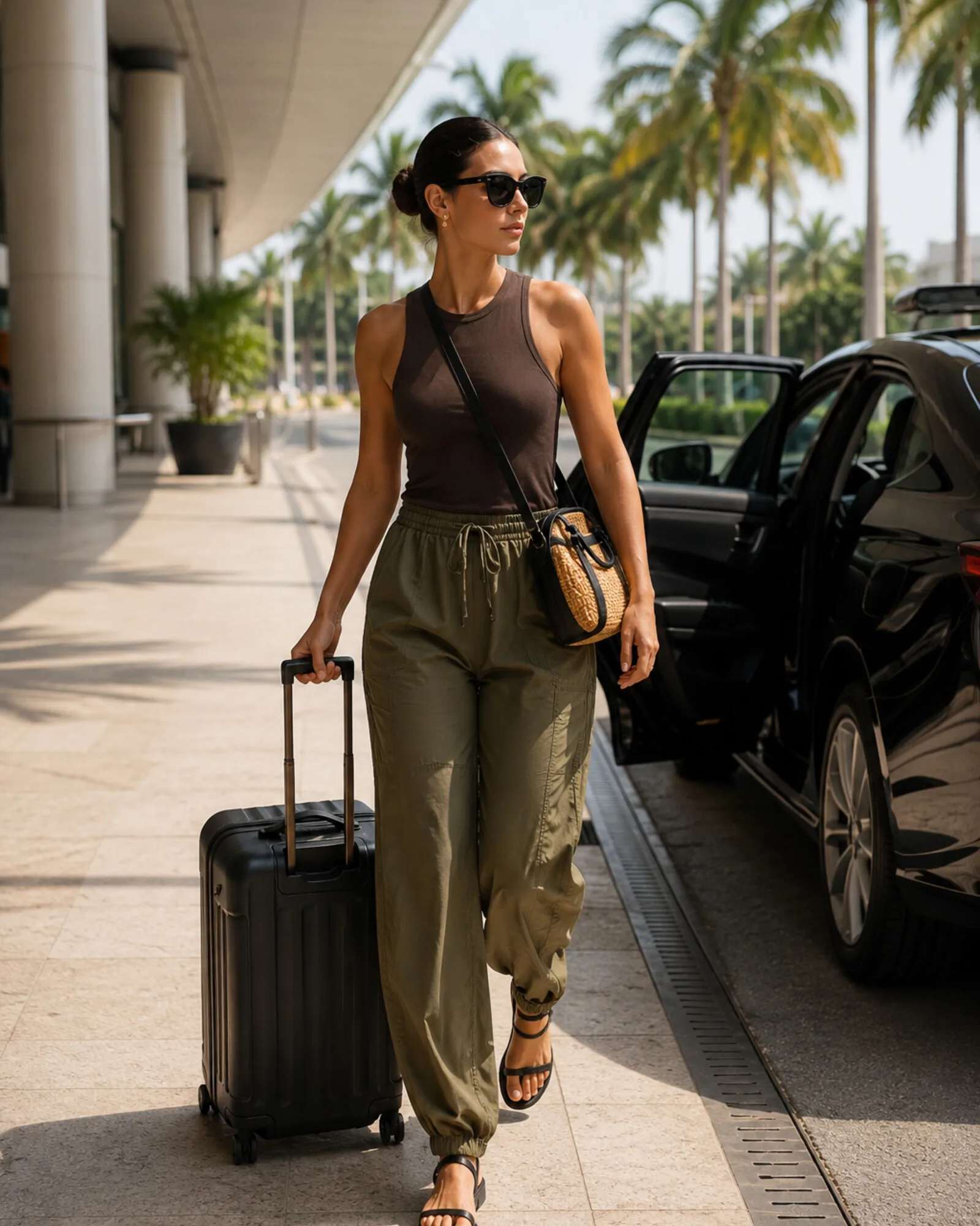 Woman in a mocha sleeveless tank and olive parachute pants walking toward a rideshare car with a carry-on.